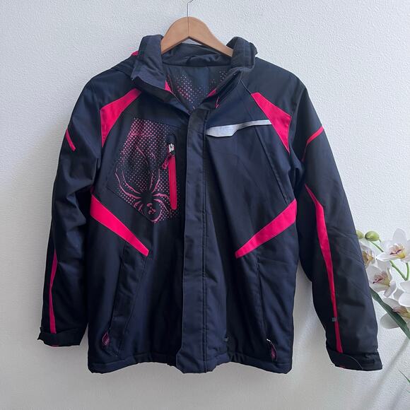 Spyder Jacket Youth 16-Large Black Red Pockets Hooded Full Zip Insulated Puffer - Picture 1 of 10